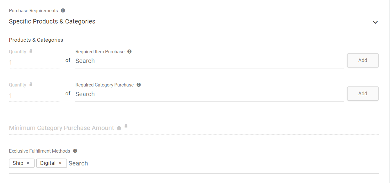 Close-up of the Purchase Requirements configuration form with Specific Products & Categories selected