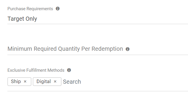 Close-up of the Purchase Requirements configuration form with Target Only selected
