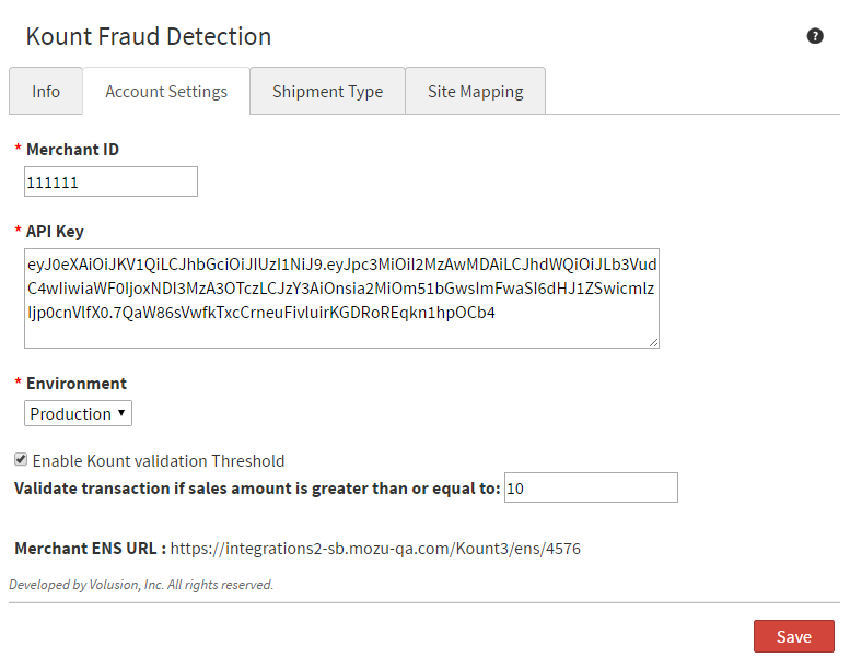 The Account Settings tab in the Kount configuration module