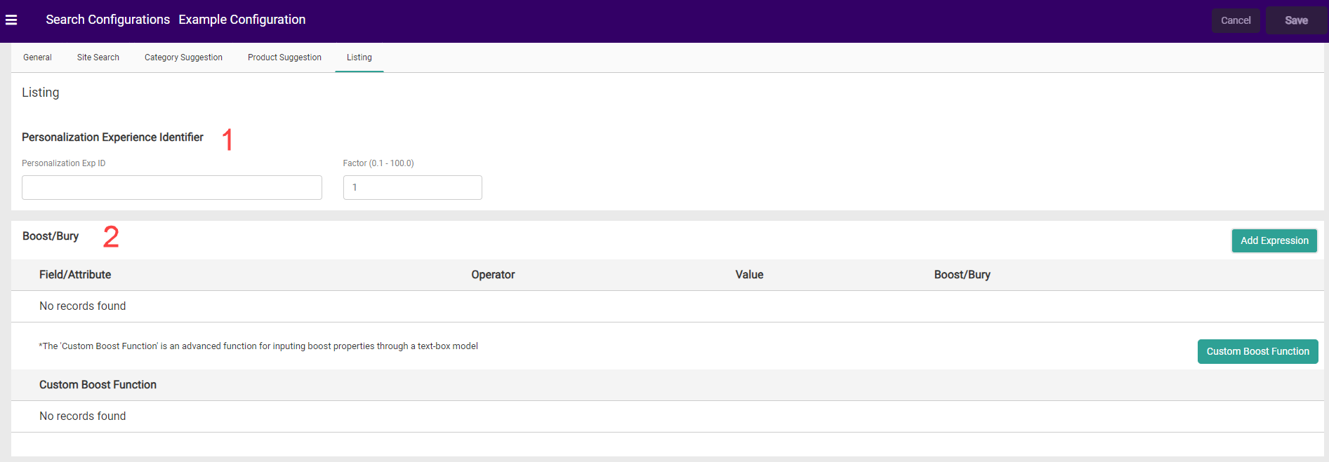 Screenshot of the Listing with numbered options