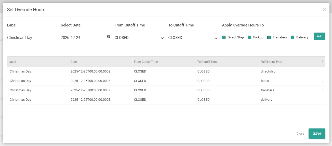 The Set Override Hours modal with Christmas Day marked as closed