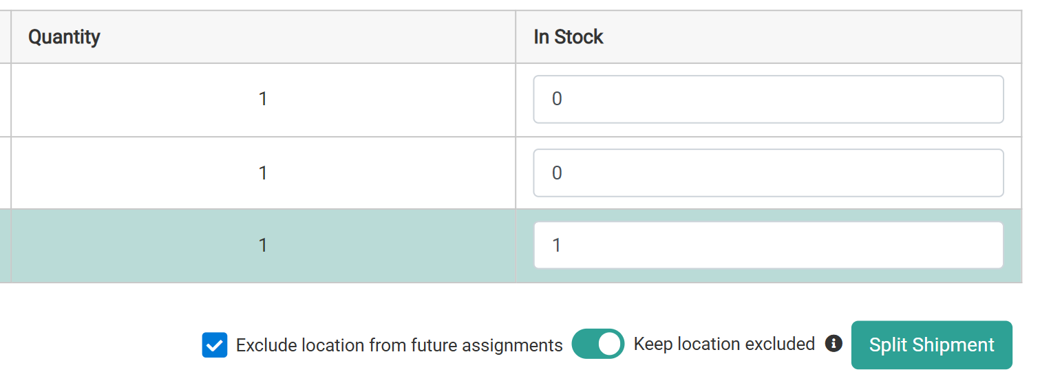 Close-up of the Quantity and In Stock fields with 1 quantity in stock and the Split Shipment button