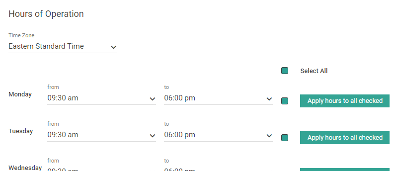 The Hours of Operation section of location settings