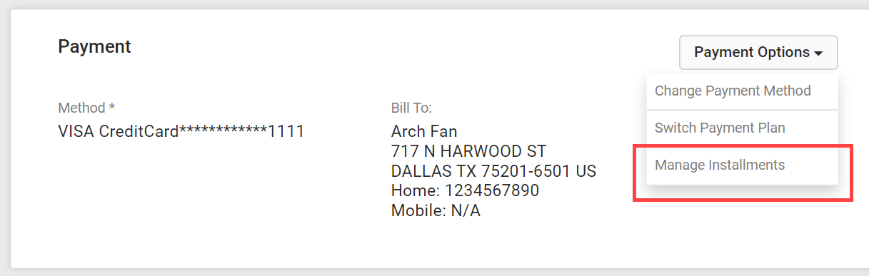 The Payment section of subscription details with a callout for the Manage Installments button