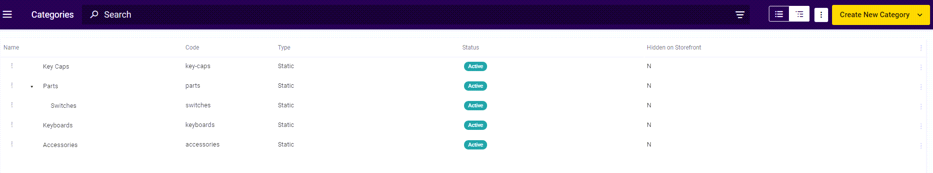 View of the Categories page in tree format
