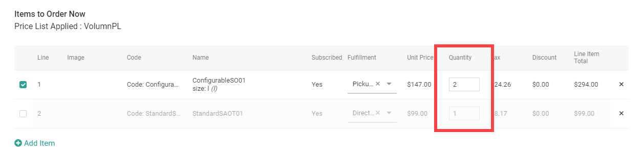 The Items to Order Now section with a callout for the Quantity field