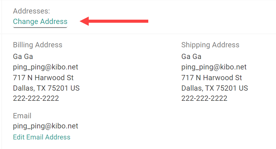Customer details with a callout for the Change Address button