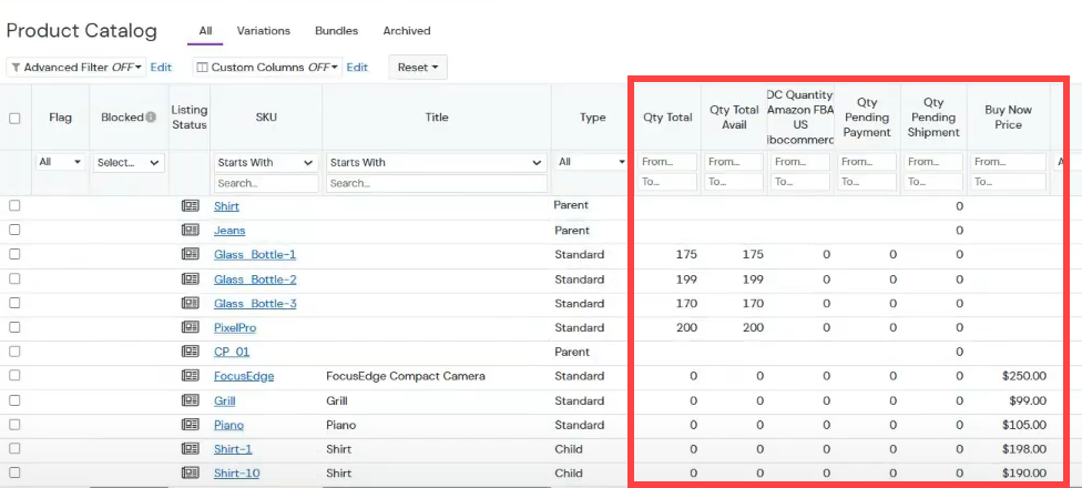 Example products in ChannelAdvisor