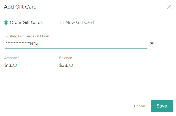 The Add Gift Card module with an existing gift card selected