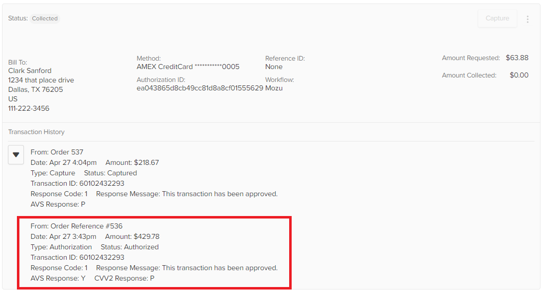 Close-up of order details with a callout for the transaction history