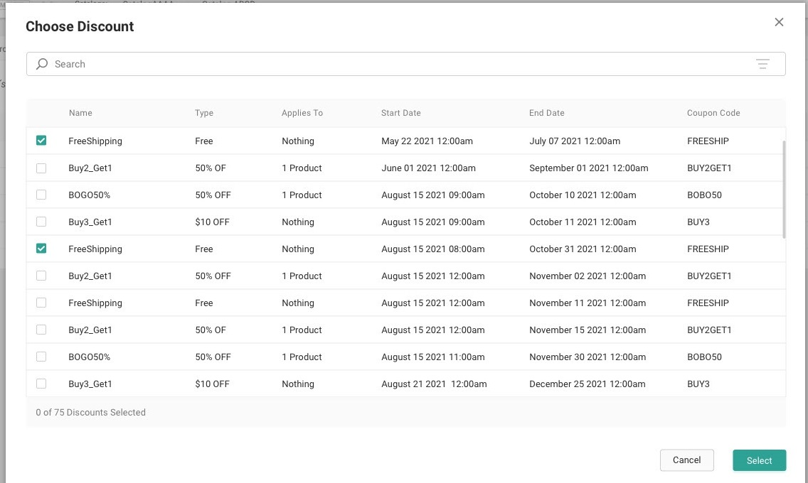 Pop-up prompting the user to choose from a list of discounts