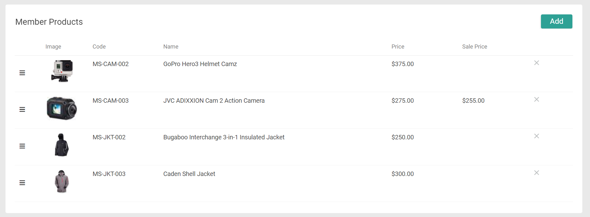 The Member Products section with several example products