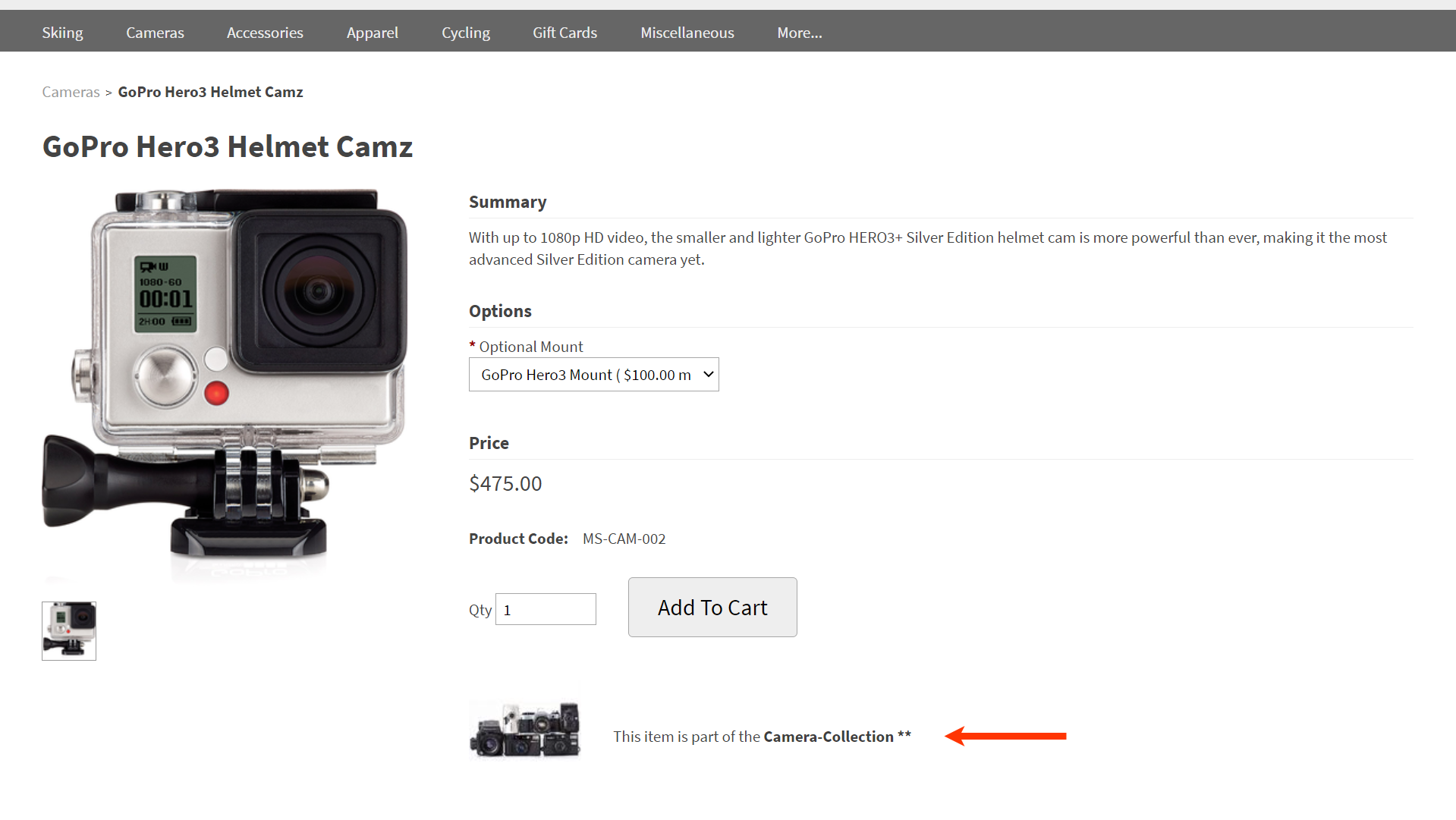 Example of a product page on the storefront and a message indicating that it is part of a collection