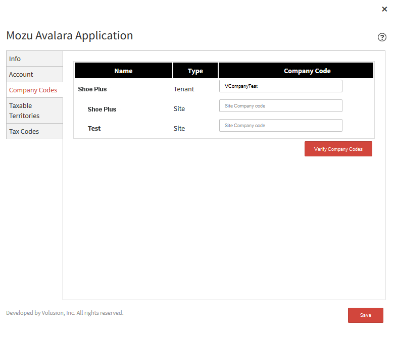 The Company Codes tab of the configuration module