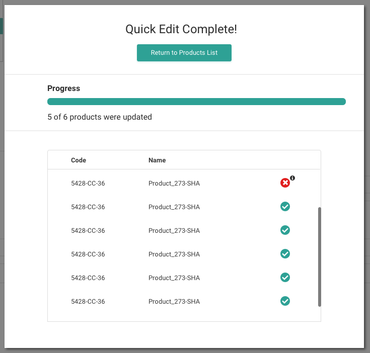 Pop-up showing a successful quick edit response
