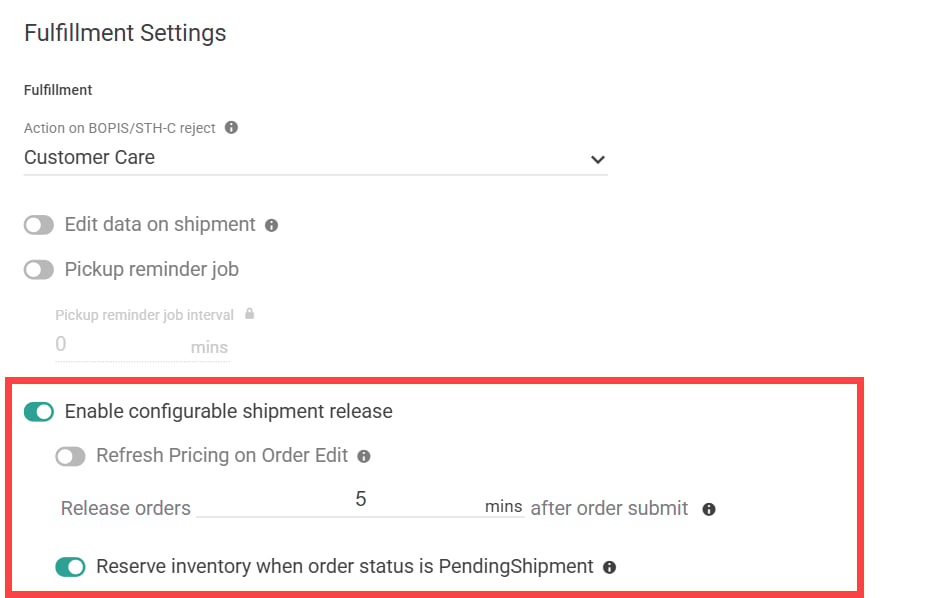 The Fulfillment site settings with a callout for the configurable shipment options