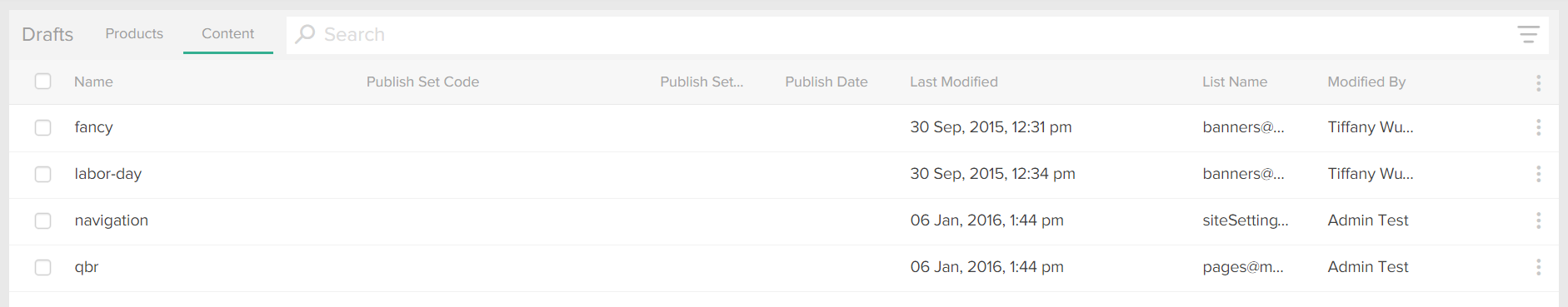 The Content tab with several draft options