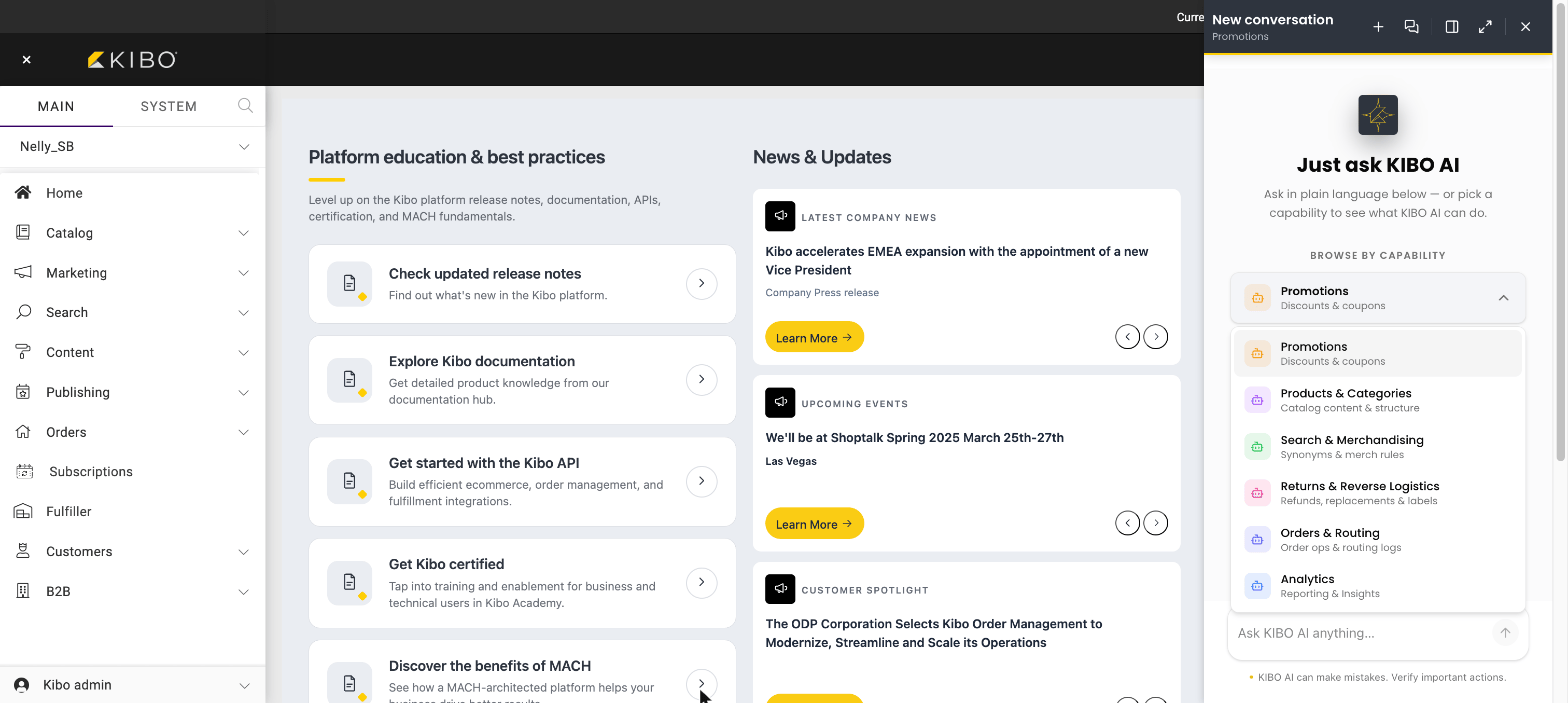 The browse-by-capability menu expanded, listing the six capability areas: Promotions, Products and Categories, Search and Merchandizing, Returns and Reverse Logistics, Orders and Routing, and Analytics