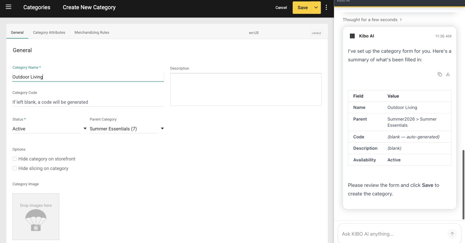 The Kibo Admin Create New Category screen with the name, status, and parent category filled in by Kibo AI, alongside a chat summary of the values it populated and a prompt to review and save