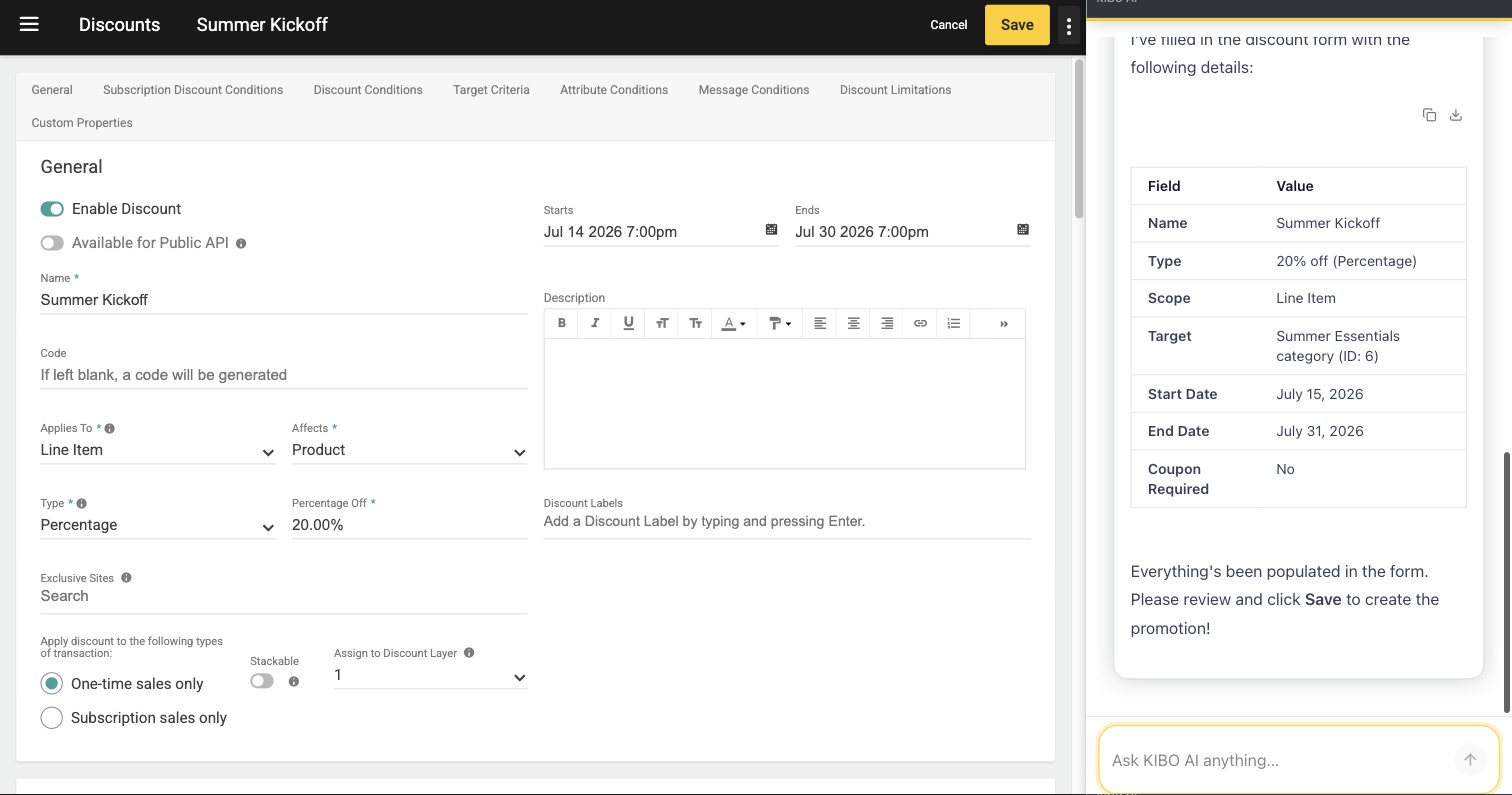 The Kibo Admin discount screen with the name, type, percentage, and dates filled in by Kibo AI, alongside a chat summary of the values it populated and a prompt to review and save