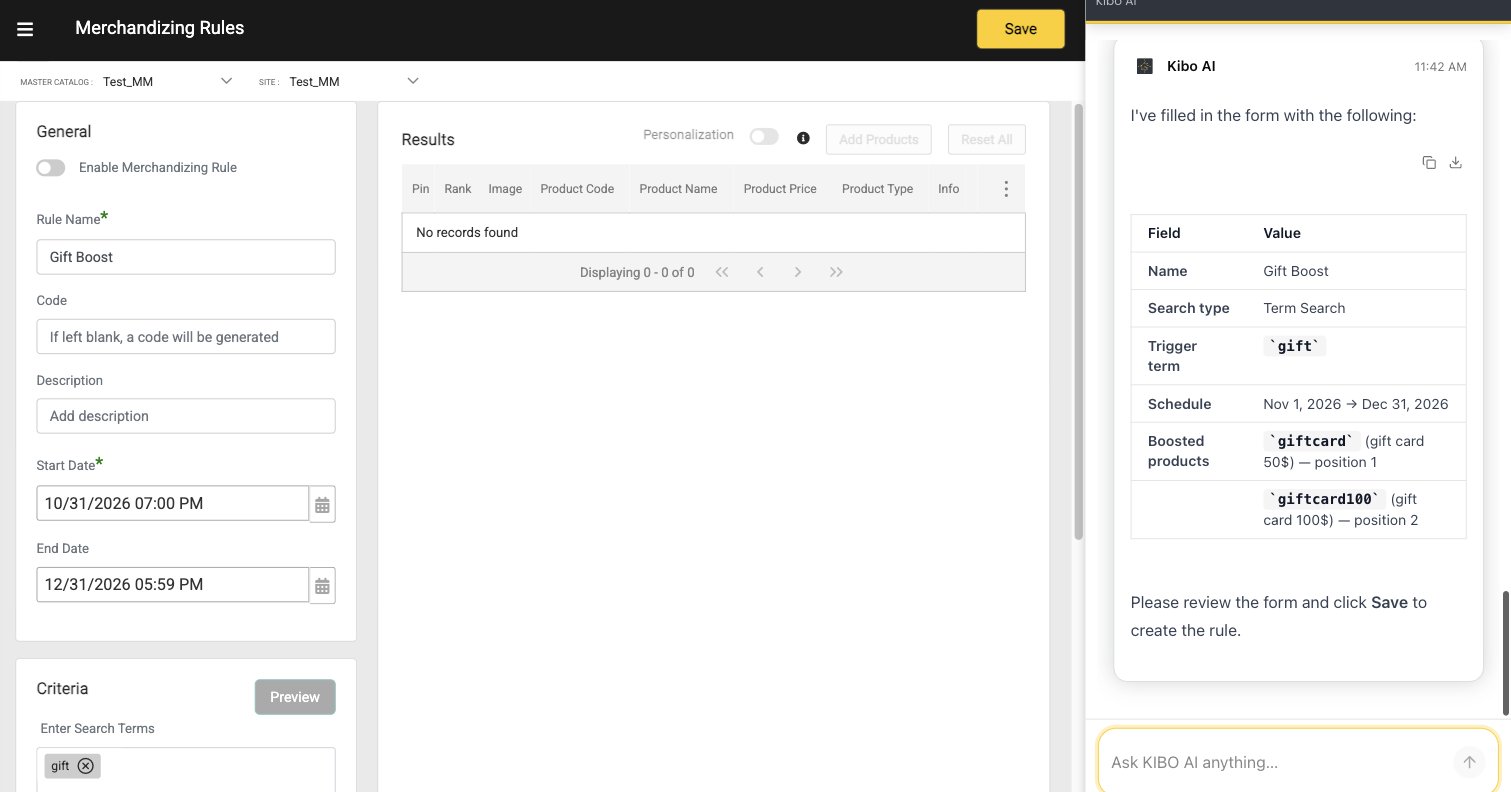 The Kibo Admin Merchandizing Rules screen with the rule name, schedule, and search term filled in by Kibo AI, alongside a chat summary listing the boosted products and their positions