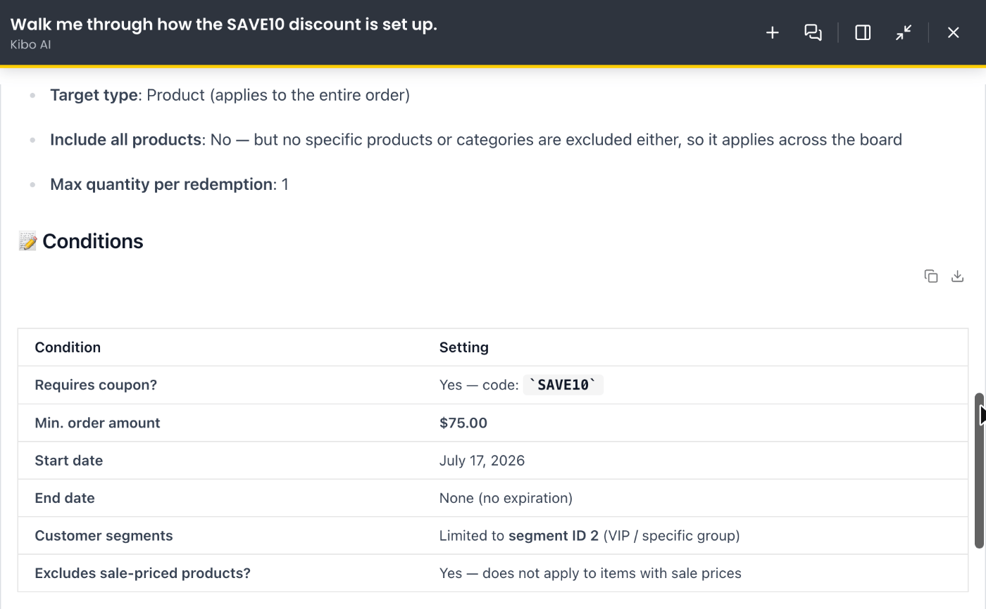 Kibo AI summarizing how the SAVE10 discount is configured, including its coupon requirement, minimum order amount, dates, and customer segment