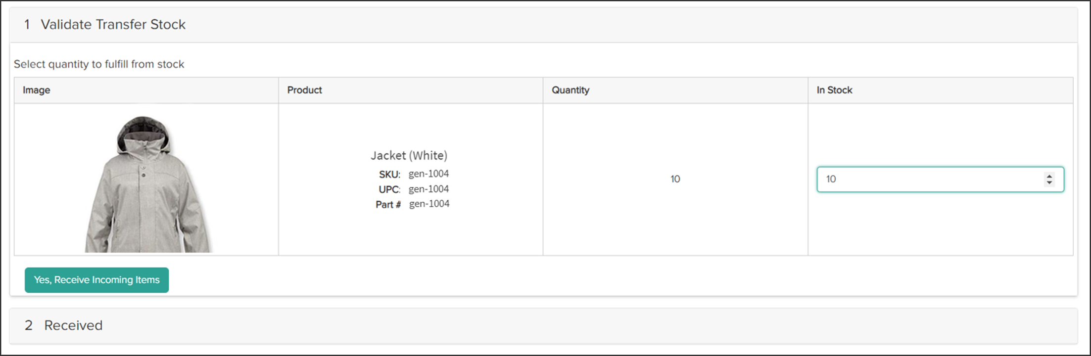 Example of the Validate Transfer Stock step