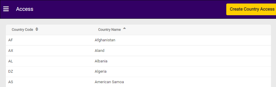 The Access page showing a list of country codes