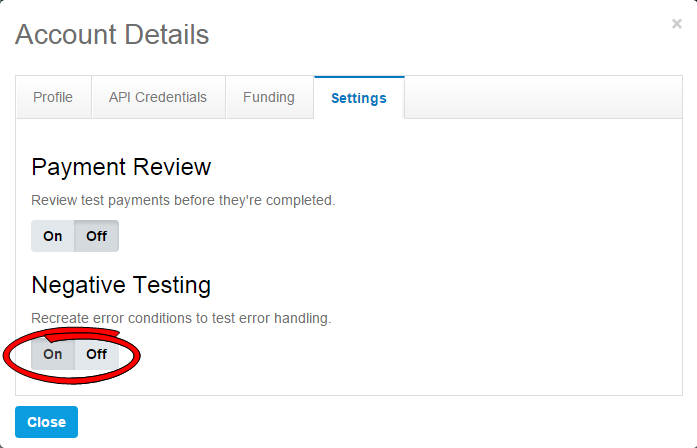 The account settings tab with a callout for the negative testing toggle