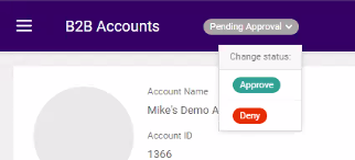 Callout of the approve or deny status options at the top of a B2B account page