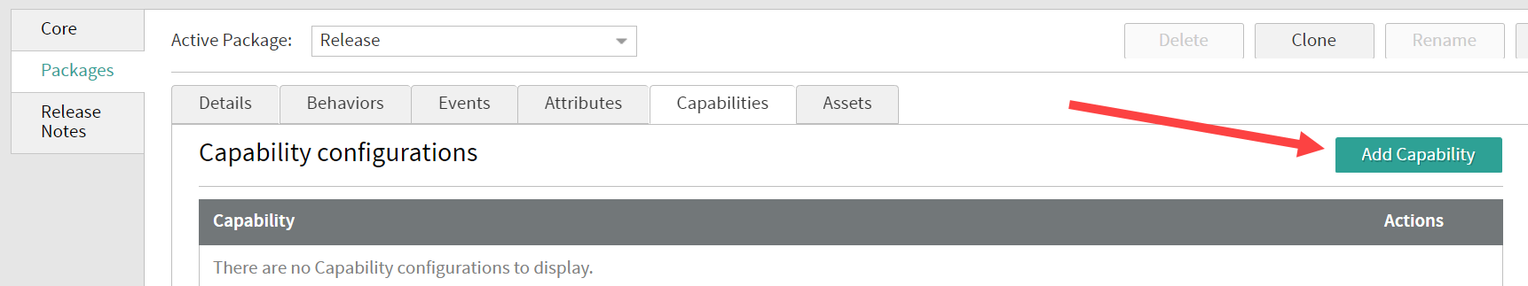 The Capabilities tab of application packages with a callout for the Add button