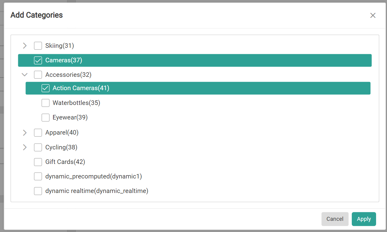 The Add Categories pop-up with a couple example categories selected