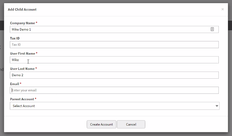 Example of the form for adding a child account to the B2B account hierarchy