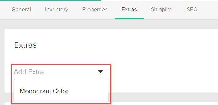 Close-up of the Extras configuration page with a callout for the Add Extra field and Monogram Color value