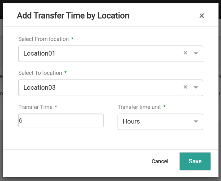 The modal to add a new location transfer time