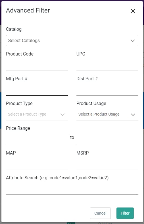Close-up of the Advanced Filter options