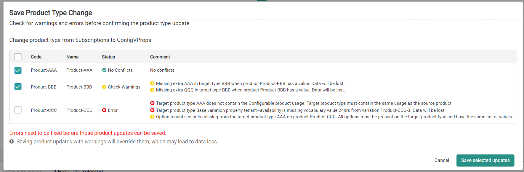 Pop-up showing the conflicts and warnings for a product type update