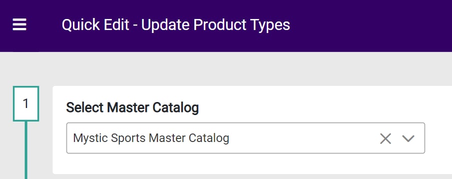 The Select Master Catalog step with an example "Mystic Sports" catalog selected