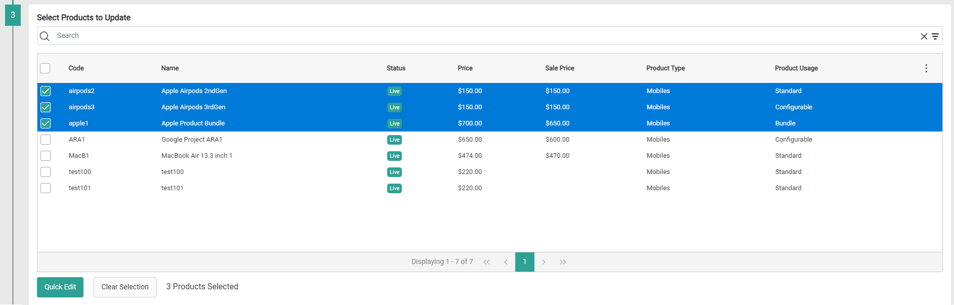 Close-up of the Select Products step of the Update Product Types form