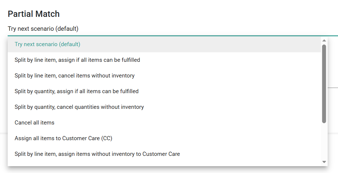 The dropdown list of options for partial match after-actions