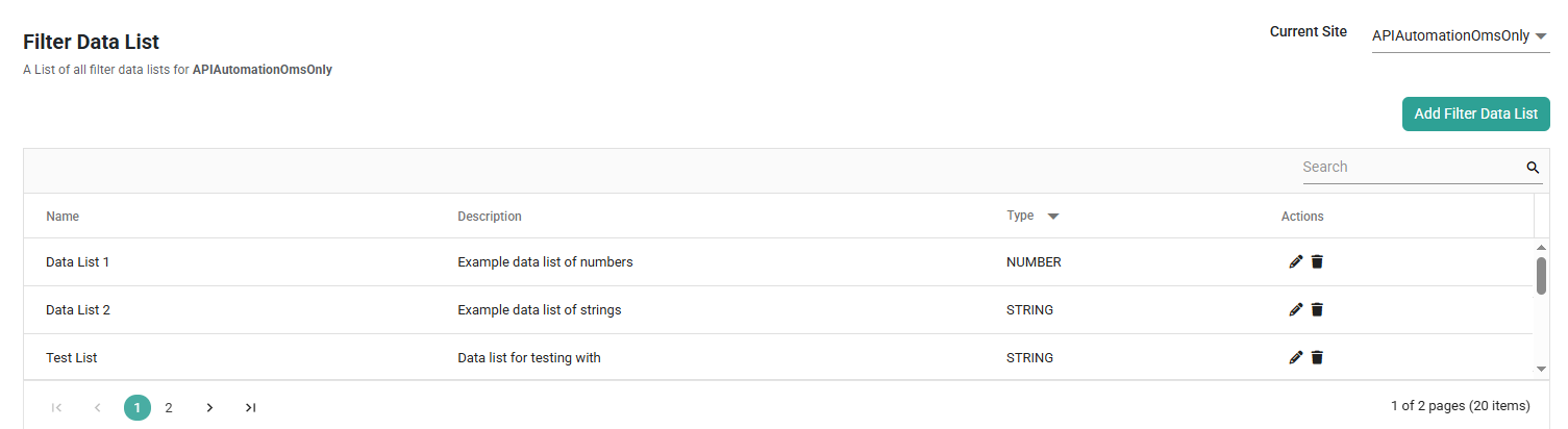 The Filter Data List page of the UI