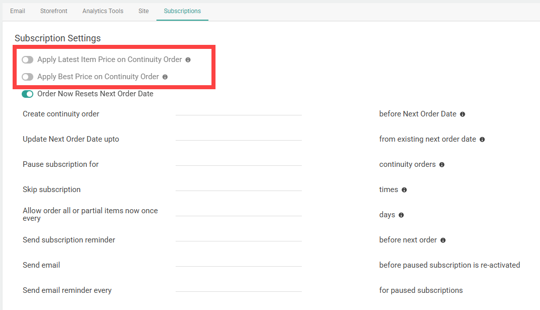 The Subscriptions tab of the site settings, displaying three continuity order configurations.