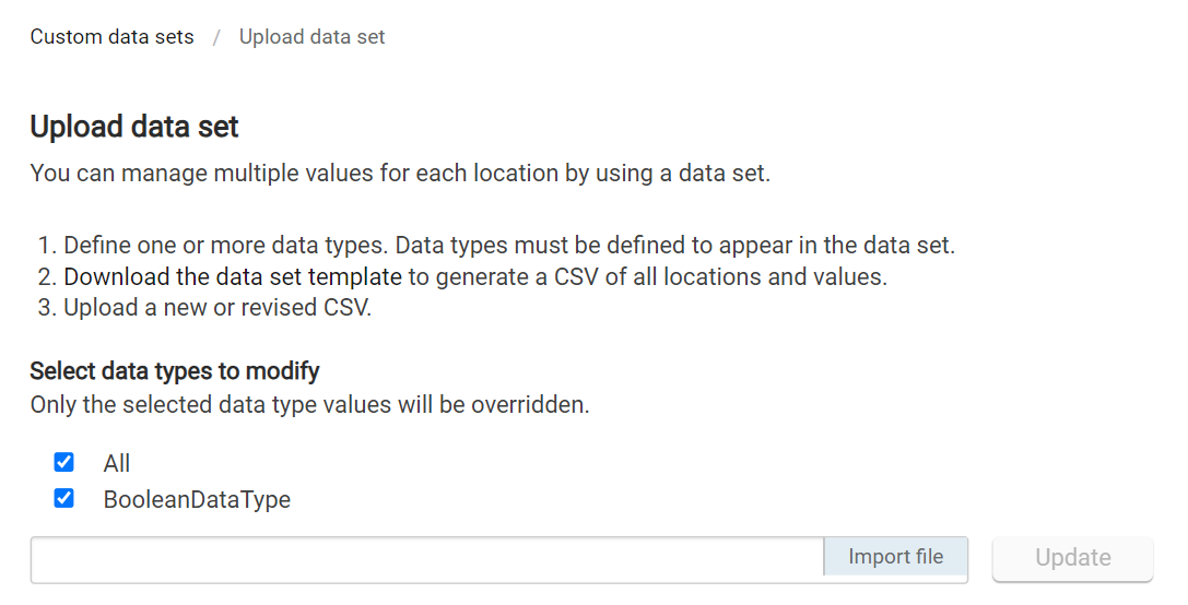 The Upload Data Set action with instructions for uploading CSVs