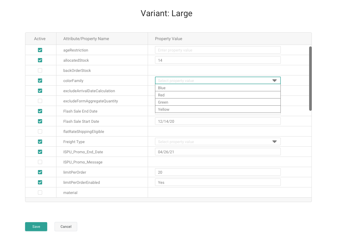 View of product variant properties, with some examples enabled