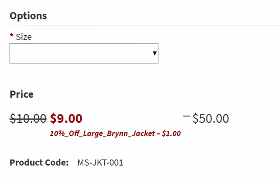 Close-up of product options displayed on the storefront