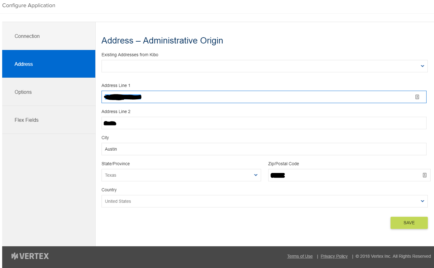 The Address tab of the Vertex application configuration module