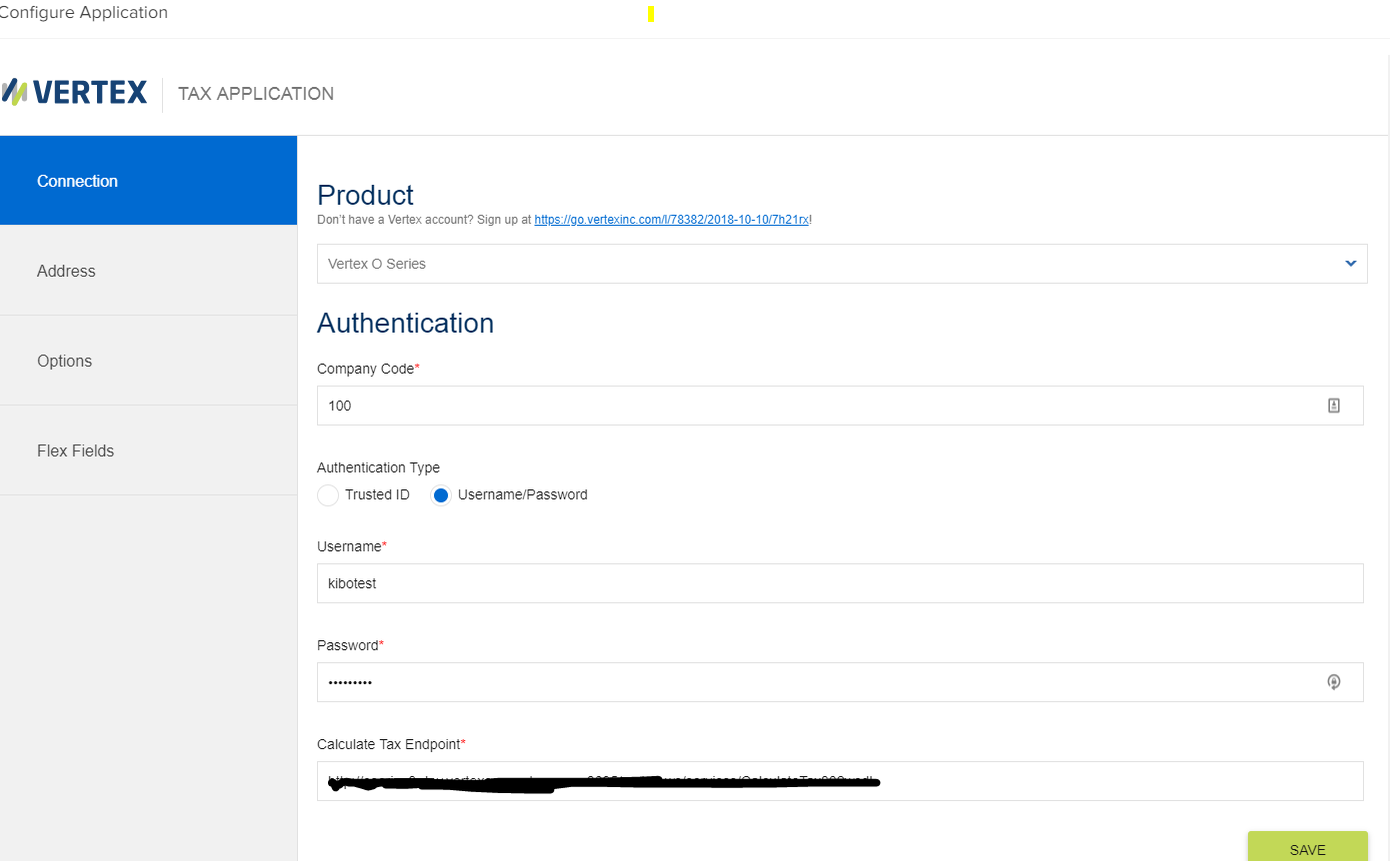 The Connection tab of the Vertex application configuration module