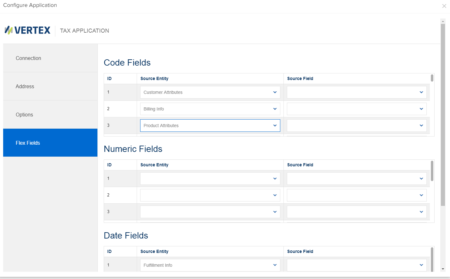 The Flex Fields tab of the Vertex application configuration module