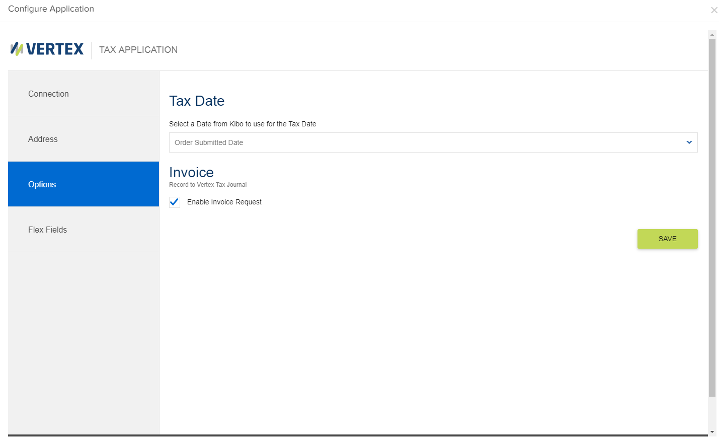 The Options tab of the Vertex application configuration module