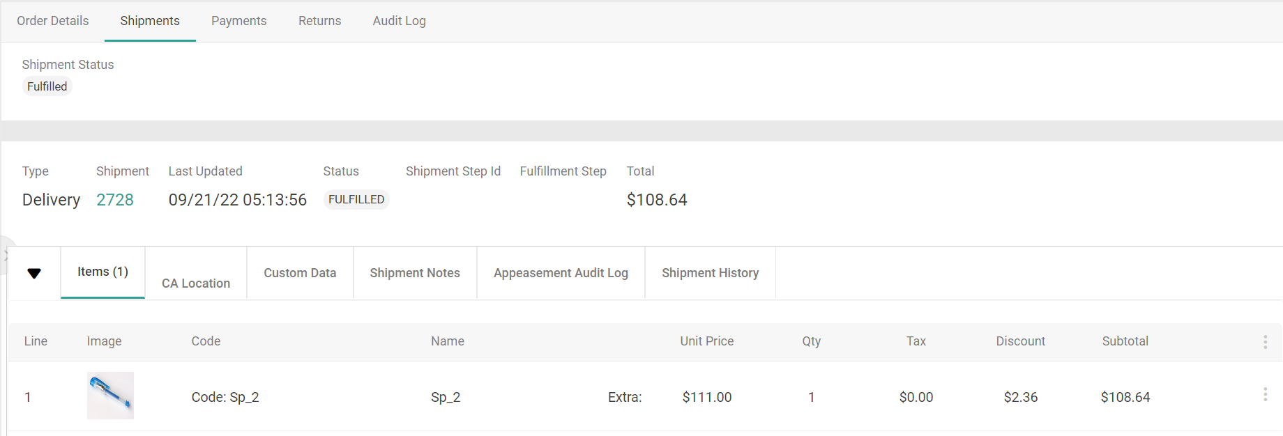 The Shipments tab of order details with a fulfilled shipment